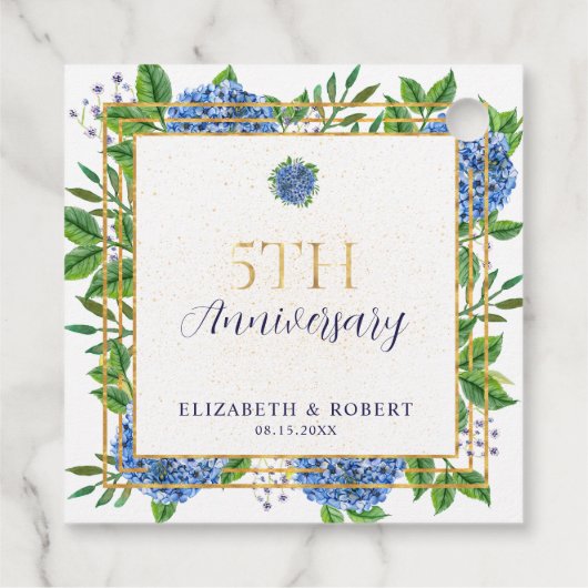 Gold Blue Hydrangea 5th Wedding Jubileum Bedankjes Labels (Achterkant)