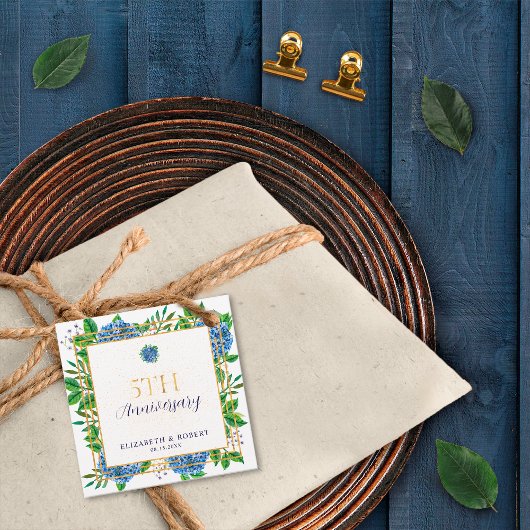 Gold Blue Hydrangea 5th Wedding Jubileum Bedankjes Labels