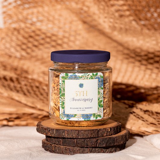 Gold Blue Hydrangea 5th Wedding Jubileum Party Vierkante Sticker