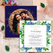 Gold Blue Hydrangea 5th Wedding Photo Jubileum Kaart