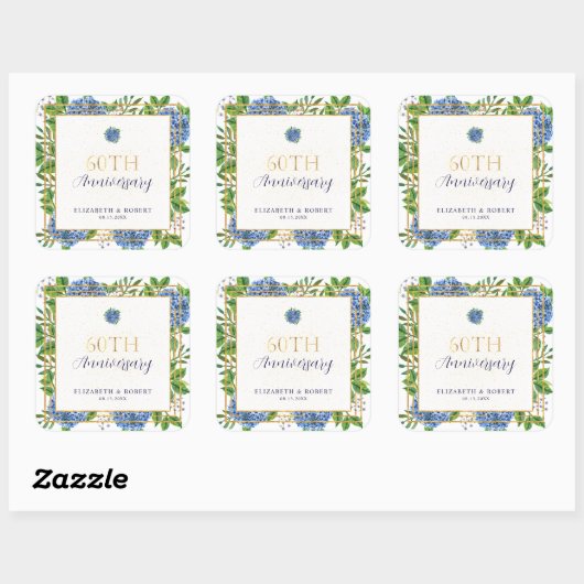 Gold Blue Hydrangea 60th Wedding Jubileum Party Vierkante Sticker (Vel)