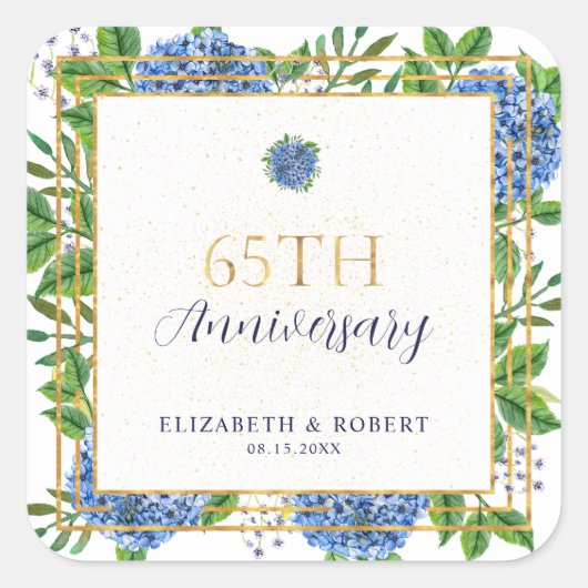 Gold Blue Hydrangea 65th Wedding Jubileum Party Vierkante Sticker (Voorkant)