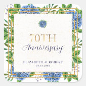 Gold Blue Hydrangea 70e bruiloft Jubileum Party Vierkante Sticker (Voorkant)