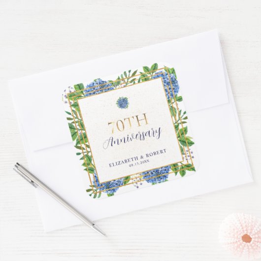 Gold Blue Hydrangea 70e bruiloft Jubileum Party Vierkante Sticker (Envelop)