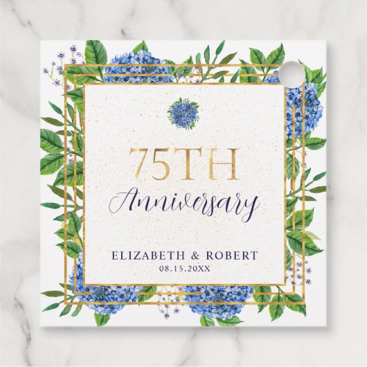 Gold Blue Hydrangea 75th Wedding Jubileum Bedankjes Labels (Achterkant)