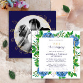 Gold Blue Hydrangea 75th Wedding Photo Jubileum Kaart