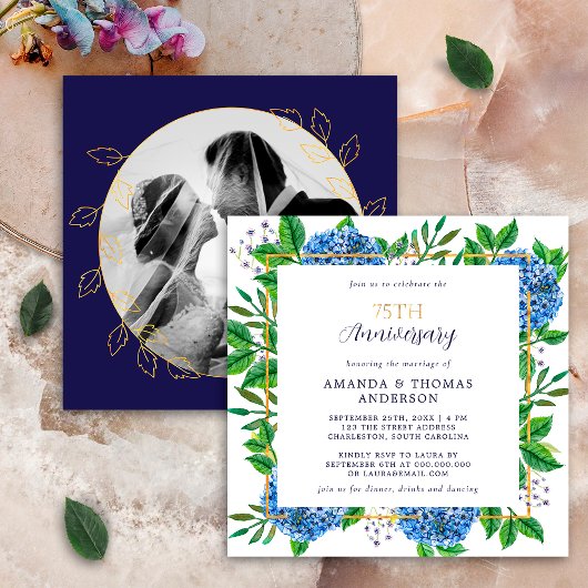 Gold Blue Hydrangea 75th Wedding Photo Jubileum Kaart