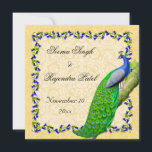 Gold Blue Indian Peacock Save the Date Invite<br><div class="desc">Maak een elegante verklaring met dit verfijnde Indische pauw en floreel ontwerp in tinten goud, groen en blauw door ontwerper Carolyn McFann van Two Spinnende Cats Studio gedrukt op een kwaliteit en aanpasbaar dubbelzijdig sparen de Datum aankondiging. Bekijk onze overeenkomende peafowl vrijgezellenfeest en trouwuitnodigingen, ook beschikbaar in onze winkel! Bekijk...</div>