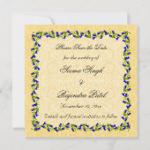 Gold Blue Indian Peacock Save the Date Invite (Achterkant)