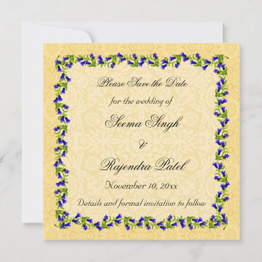 Gold Blue Indian Peacock Save the Date Invite (Achterkant)