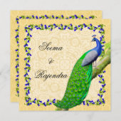 Gold Blue Indian Peacock Wedding Invitation Kaart (Voorkant / Achterkant)