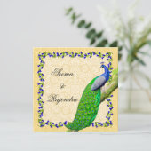 Gold Blue Indian Peacock Wedding Invitation Kaart (Staand voorkant)