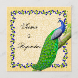 Gold Blue Indian Peacock Wedding Invitation Kaart