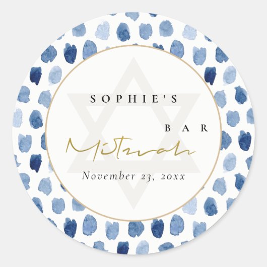 GOLD BLUE INDIGO WATERVERF STIP BAR BAT MITZVAH RONDE STICKER (Voorkant)