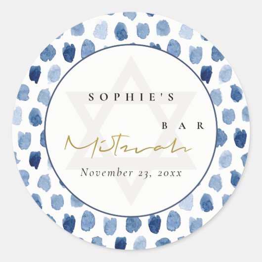 GOLD BLUE INDIGO WATERVERF STIP BAR BAT MITZVAH RONDE STICKER (Voorkant)