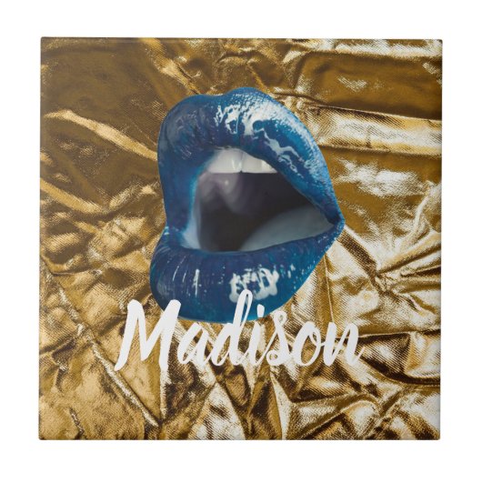 Gold Blue Lips Makeup Beauty Custom Personated C Tegeltje (Voorkant)