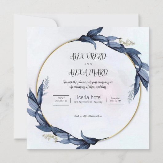 Gold Blue Luxury Weddind Invitation (Square) Kaart (Voorkant)