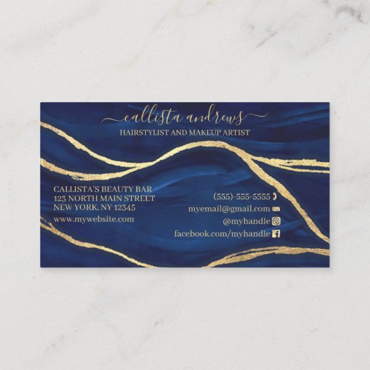 Gold Blue Marble Signature Script Makeup Hair Busi Visitekaartje (Achterkant)
