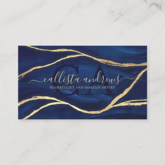 Gold Blue Marble Signature Script Makeup Hair Busi Visitekaartje (Voorkant)