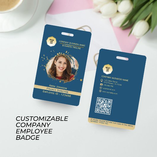 Gold & Blue Medewerker QR Code Label, Foto & Logo  Badge