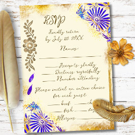 Gold & Blue Mexican Baroque Hummingbird Weddding RSVP Kaartje
