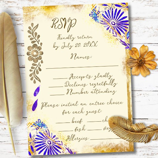 Gold & Blue Mexican Baroque Hummingbird Weddding RSVP Kaartje