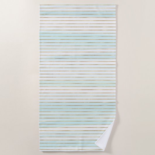 Gold Blue Mint White Beachy Waterverf Stripes Strandlaken (Voorkant)