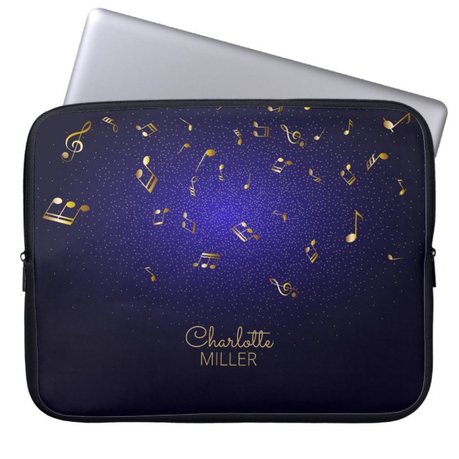 Gold-Blue-Muzieknoten en aangepaste naam Laptop Sleeve (Voorkant)