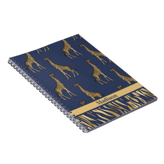 Gold Blue Name Giraffe Tiger Elegant Chic Stylish Notitieboek (Rechterzijde)