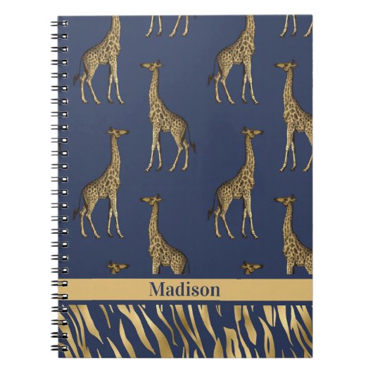 Gold Blue Name Giraffe Tiger Elegant Chic Stylish Notitieboek (Voorkant)