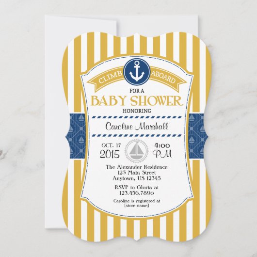 Gold Blue Nautical Baby shower Invitation Kaart (Voorkant)