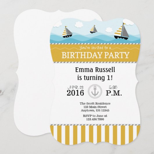 Gold Blue Nautical Birthday Uitnodiging (Voorkant / Achterkant)