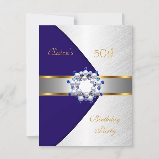 Gold Blue Navy White Invite 50e verjaardag Kaart (Voorkant)