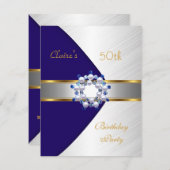 Gold Blue Navy White Invite 50e verjaardag Kaart (Voorkant / Achterkant)