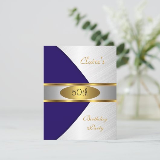 Gold Blue Navy White Invite 50e verjaardag Kaart (Staand voorkant)
