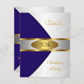 Gold Blue Navy White Invite 50e verjaardag Kaart (Voorkant / Achterkant)