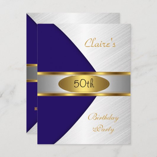 Gold Blue Navy White Invite 50e verjaardag Kaart (Voorkant / Achterkant)