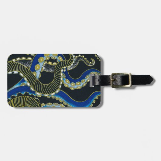 Gold Blue Octopus Tentacles Grey Black Art Bagagelabel (Voorkant horizontaal)
