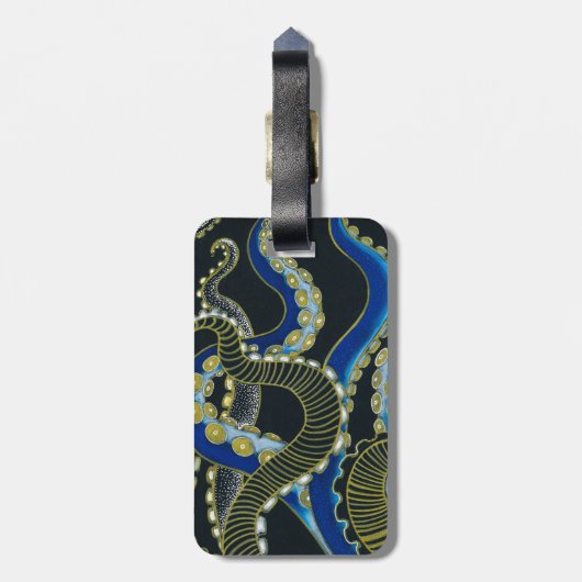 Gold Blue Octopus Tentacles Grey Black Art Bagagelabel (Achterkant verticaal)