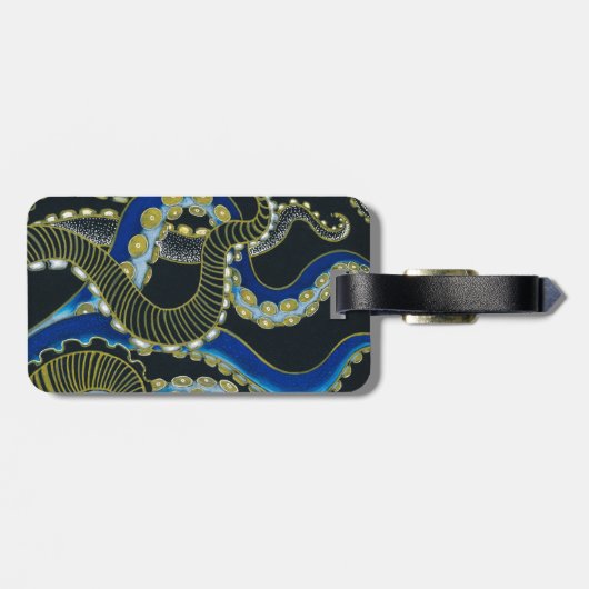 Gold Blue Octopus Tentacles Grey Black Art Bagagelabel (Achterkant horizontaal)