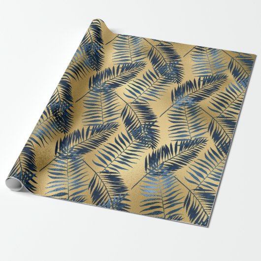 Gold Blue Palm Leaf Wrapping Paper  Cadeaupapier (Uitgerold)