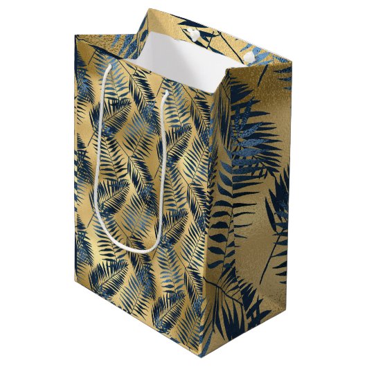 Gold Blue Palm Leaf Wrapping Paper  Medium Cadeauzakje (Voorkant Gekanteld)