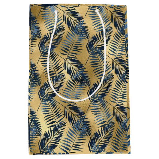 Gold Blue Palm Leaf Wrapping Paper  Medium Cadeauzakje (Voorkant)