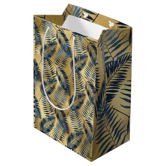Gold Blue Palm Leaf Wrapping Paper  Medium Cadeauzakje (Achterkant Gekanteld)