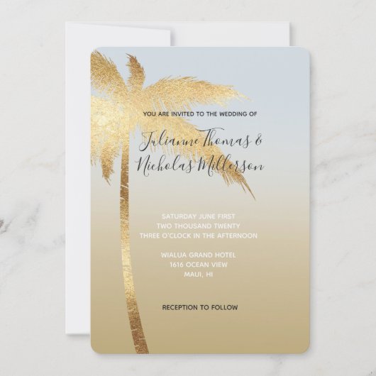 Gold Blue Palm Tree Ombre Wedding Kaart (Voorkant)