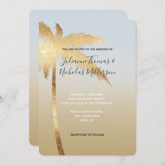 Gold Blue Palm Tree Ombre Wedding Kaart (Voorkant / Achterkant)