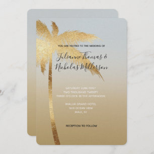 Gold Blue Palm Tree Ombre Wedding Kaart