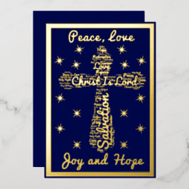 Gold Blue Peace Love Joy Hope Cross Kerstmis Folie Feestdagenkaart