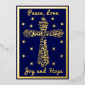 Gold Blue Peace Love Joy Hope Cross Kerstmis Folie Feestdagenkaart (Voorkant)