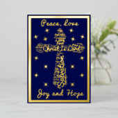 Gold Blue Peace Love Joy Hope Cross Kerstmis Folie Feestdagenkaart (Staand Voorkant)